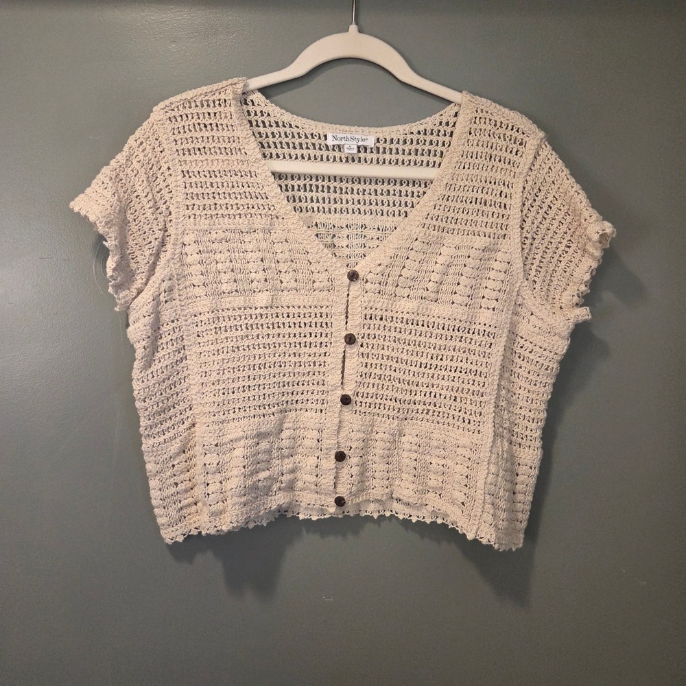 NorthStyle‎ Women's Short Sleeve Open Knit Cardigan Size L Cream Boho